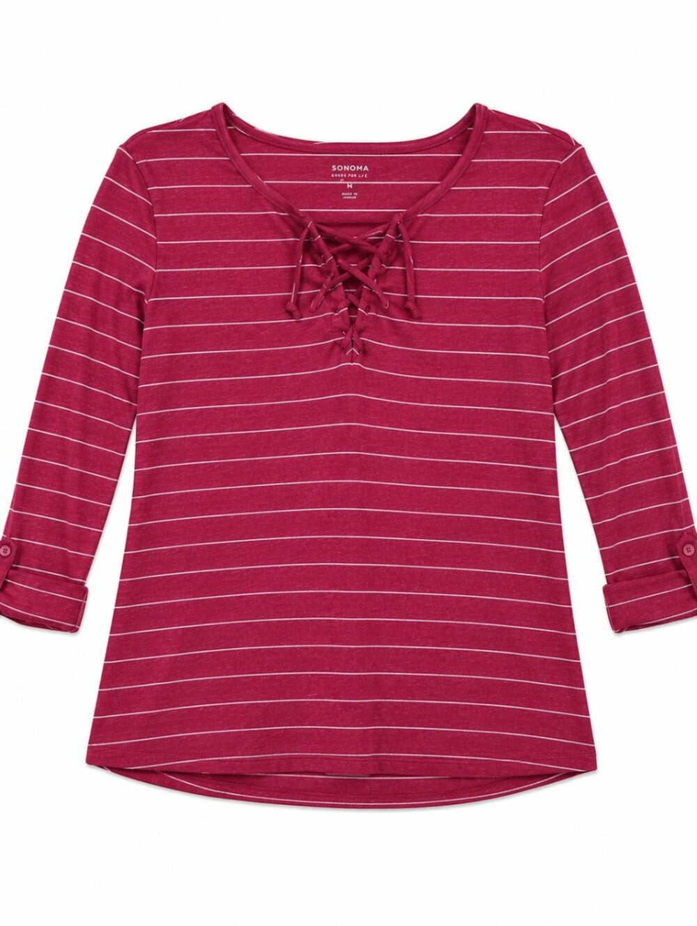 Segments Womenโs Size Medium Red & White Striped Lace-Up 3/4 Sleeve Top